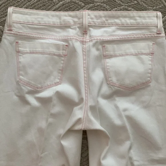 L.L. Bean White Jeans: Pink Stitching accents, Ribbon belt, Bootcut & Wider Leg - Picture 7 of 12